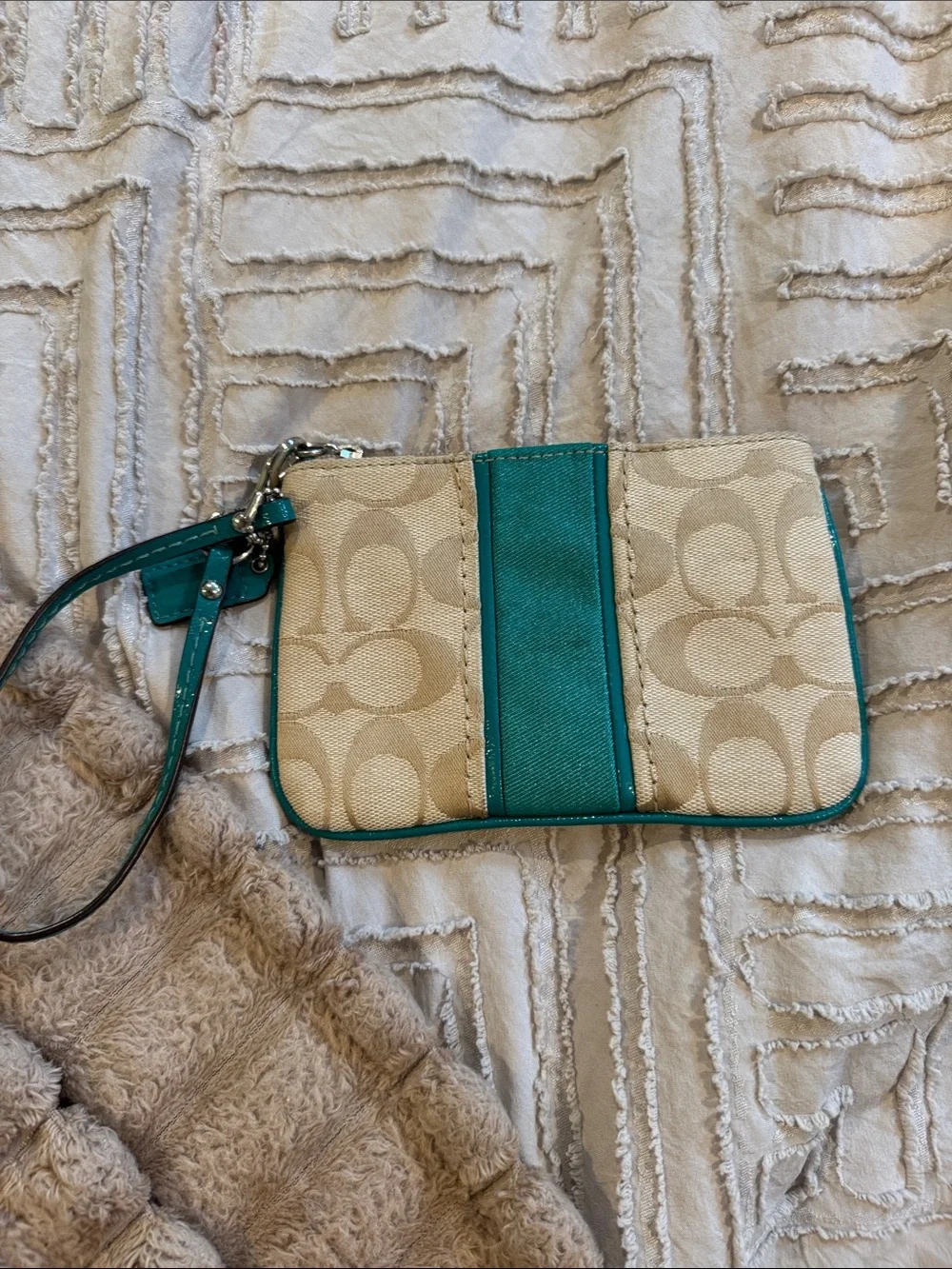Coach Beige Signature Wristlet with Teal Accent